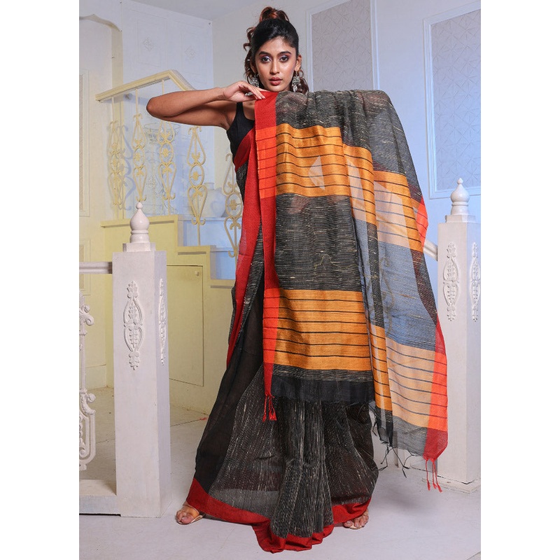 Black Cotton Saree With Blouse Piece - JD986589139