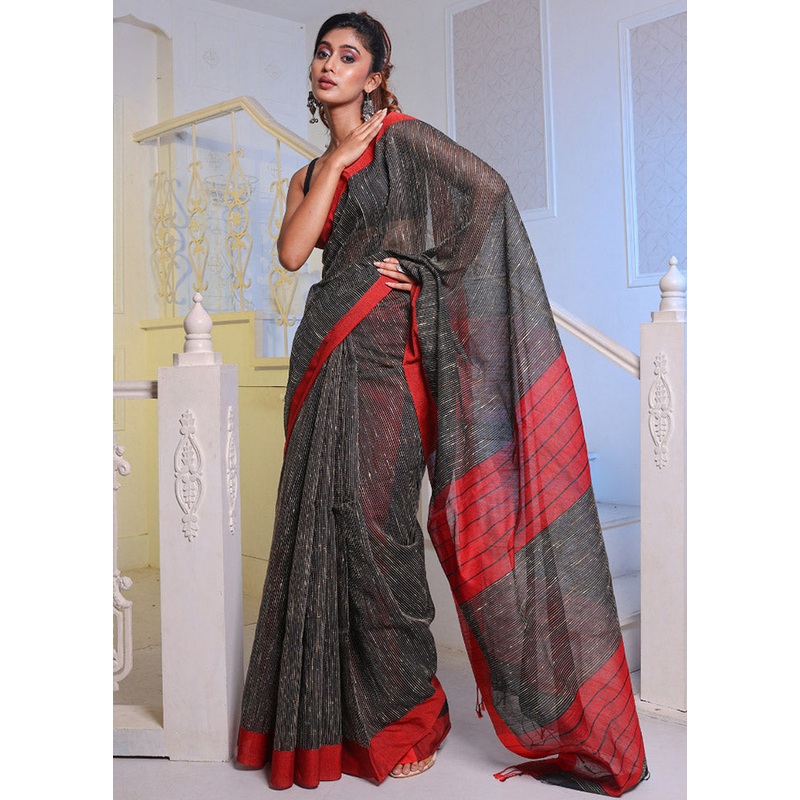 Black Cotton Saree With Blouse Piece - JD986589140