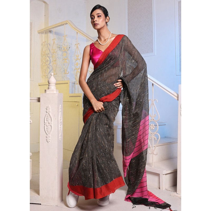 Black Cotton Saree With Blouse Piece - JD986589141