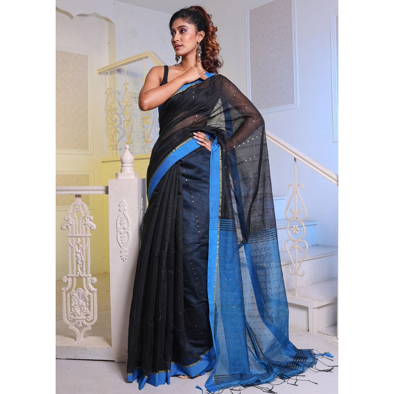 Black Cotton Saree With Blouse Piece - JD986589142