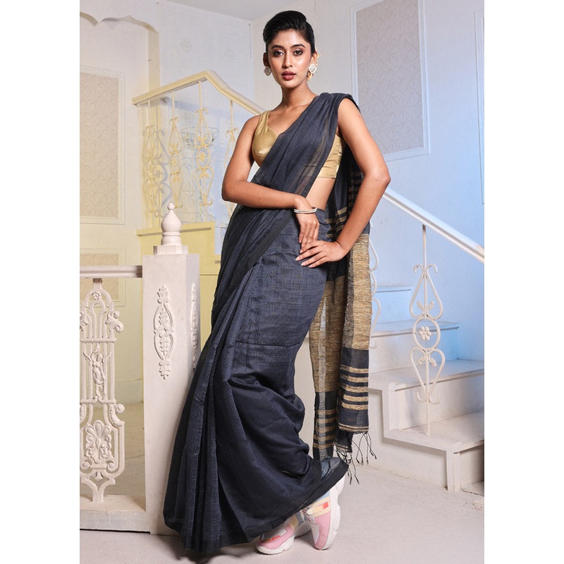 Black Cotton Saree With Blouse Piece - JD986589143