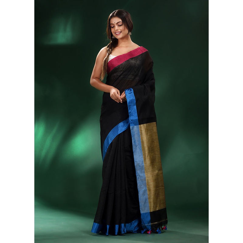 Black Cotton Saree With Blouse Piece - JD986589144
