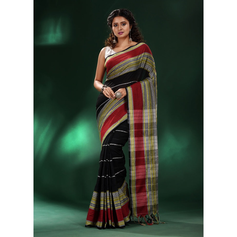 Black Cotton Saree With Blouse Piece - JD986589145