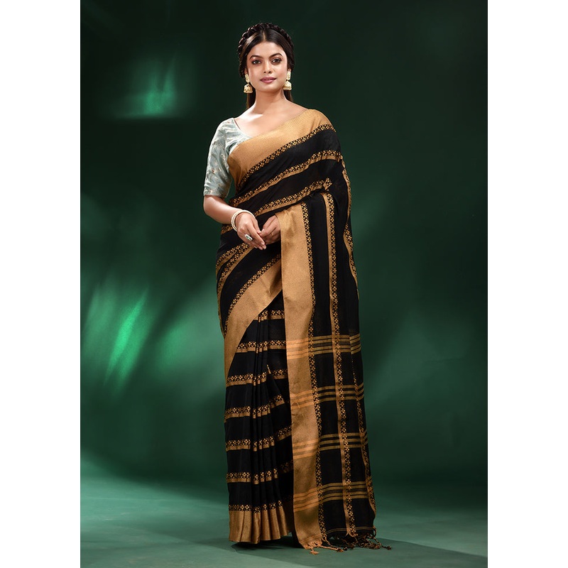 Black Cotton Saree With Blouse Piece - JD986589146