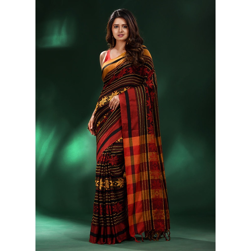 Black Cotton Saree With Blouse Piece - JD986589147
