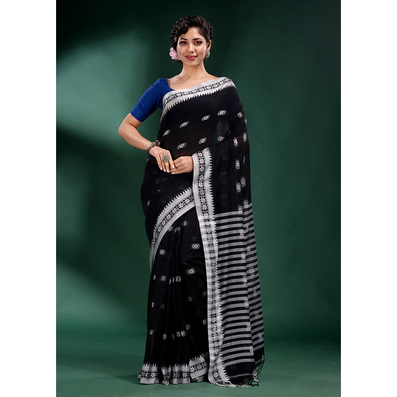Black Cotton Saree With Blouse Piece - JD986589148