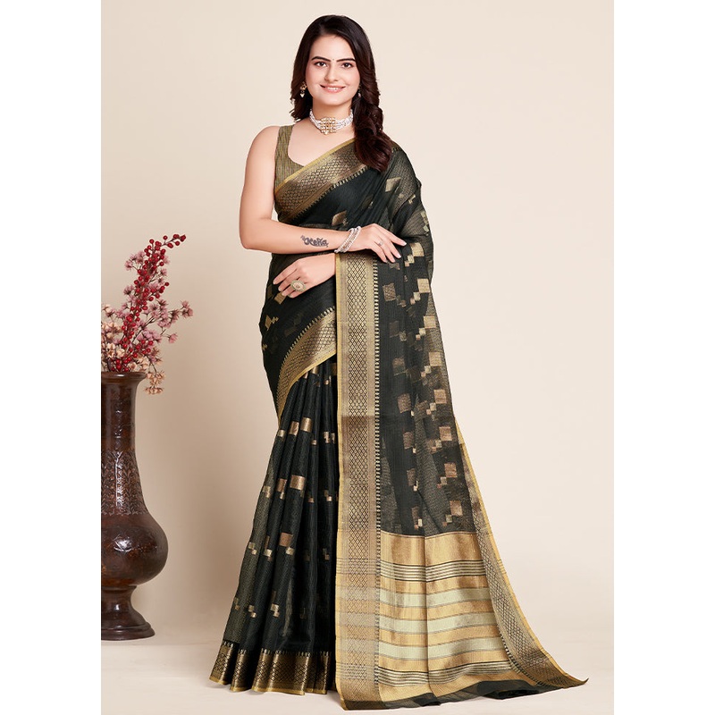 Black Dupion Silk Saree With Blouse Piece - JD986589149