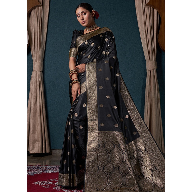 Black Dupion Silk Saree With Blouse Piece - JD986589150