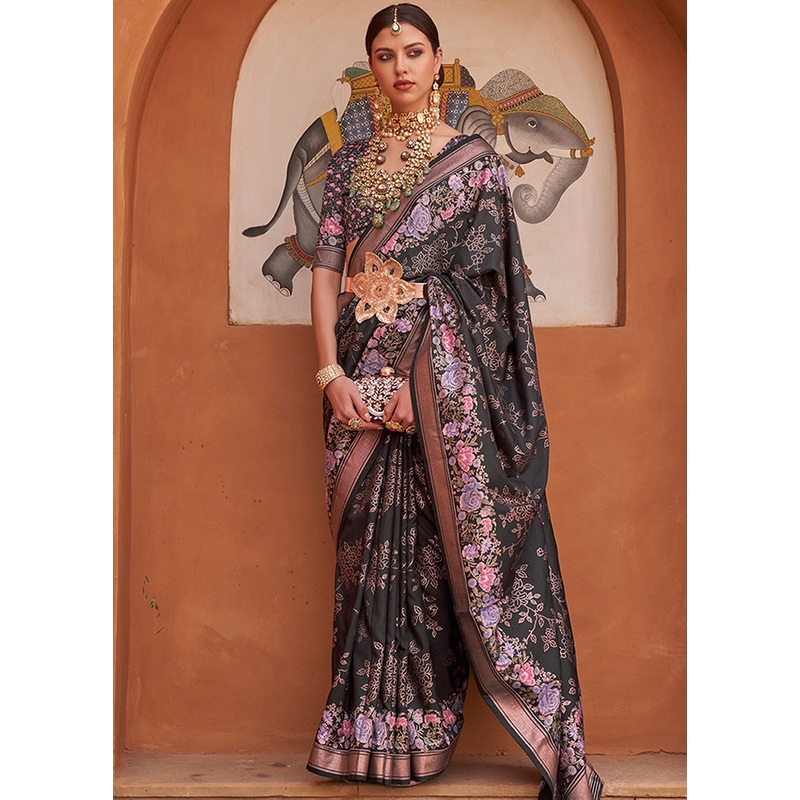 Black Dupion Silk Saree With Blouse Piece - JD986589151