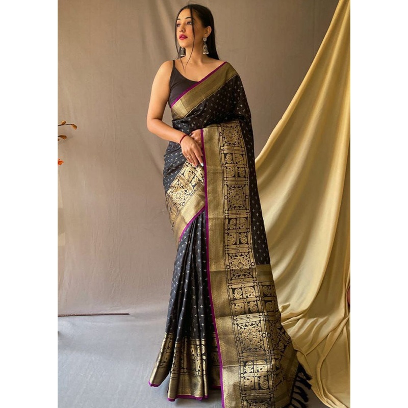 Black Dupion Silk Saree With Blouse Piece - JD986589152