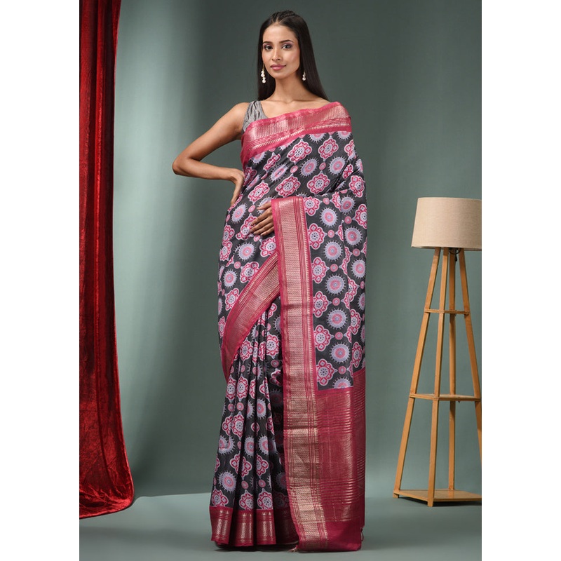 Black Dupion Silk Saree With Blouse Piece - JD986589153