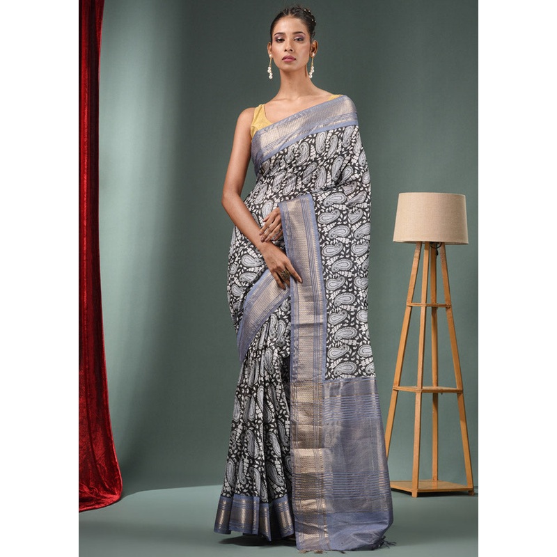 Black Dupion Silk Saree With Blouse Piece - JD986589154
