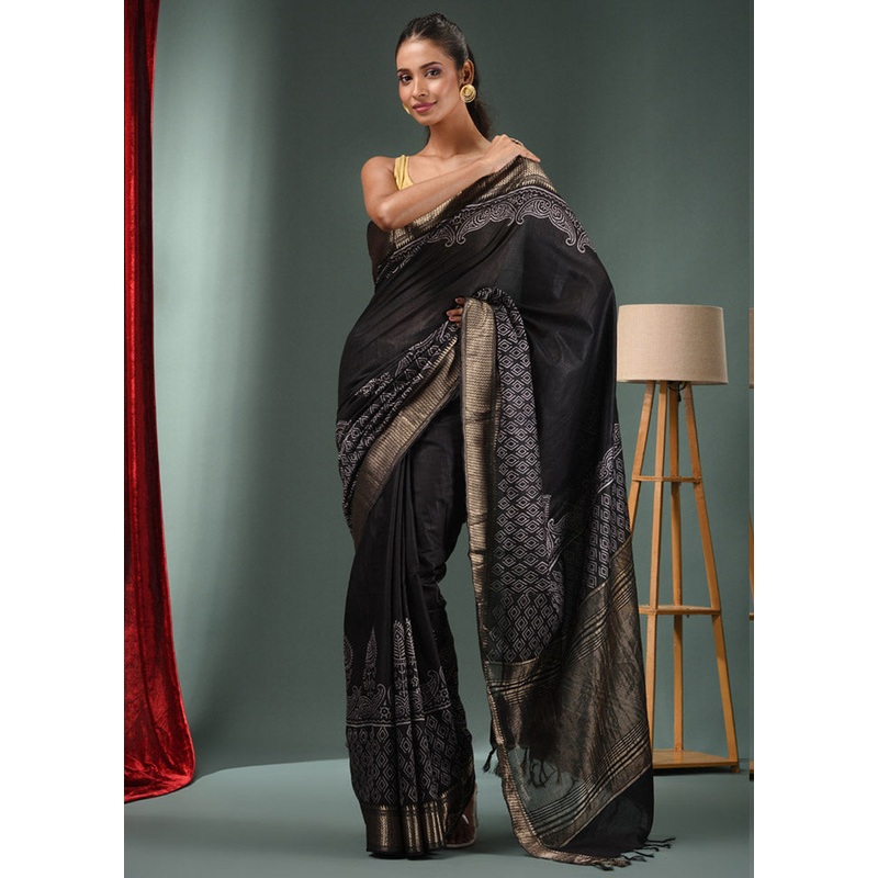 Black Dupion Silk Saree With Blouse Piece - JD986589155