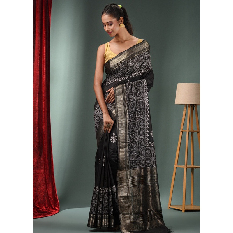 Black Dupion Silk Saree With Blouse Piece - JD986589156