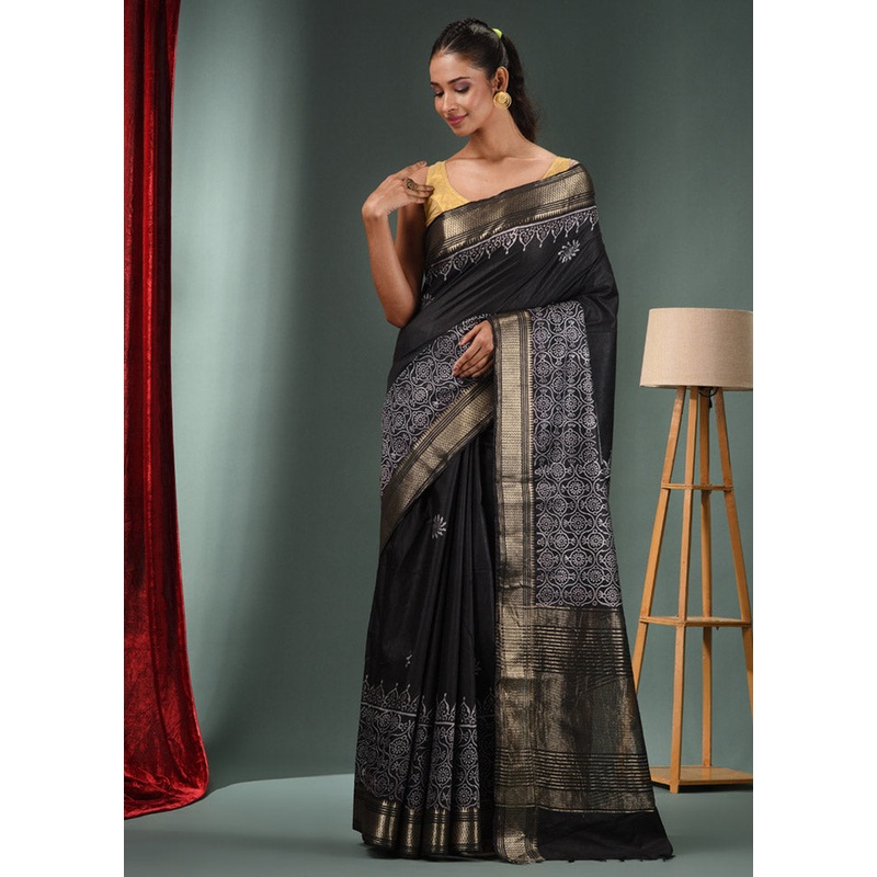 Black Dupion Silk Saree With Blouse Piece - JD986589157