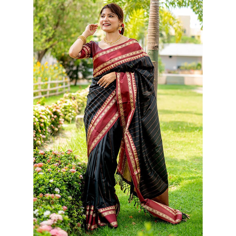 Black Dupion Silk Saree With Blouse Piece - JD986589159