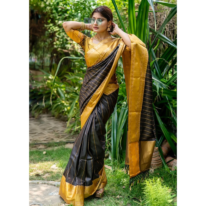 Black Dupion Silk Saree With Blouse Piece - JD986589160