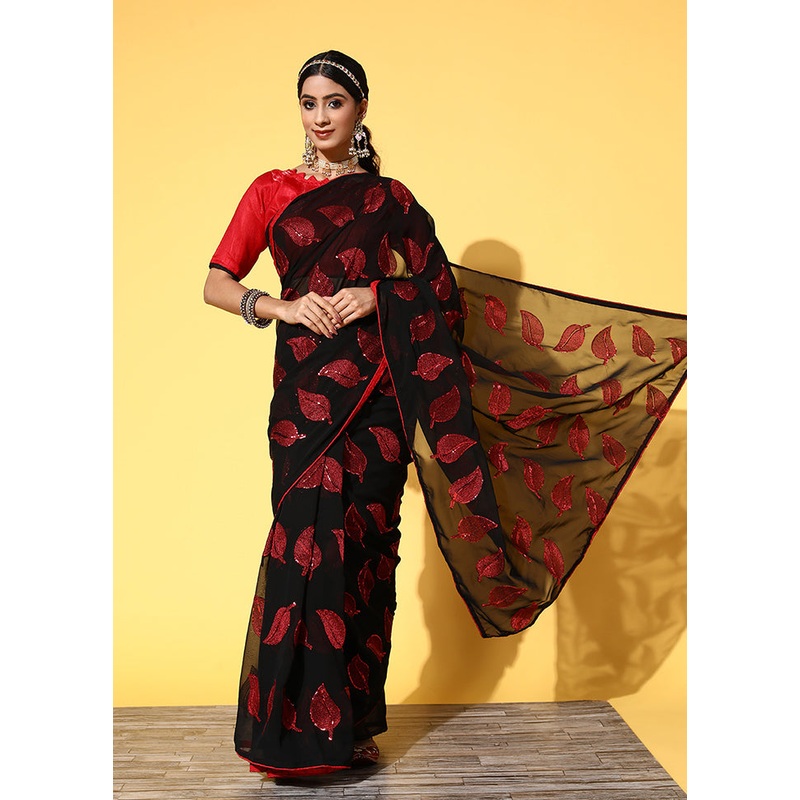 Black Georgette Saree With Blouse Piece - JD986589161