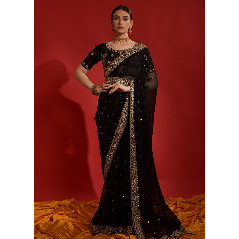 Black Georgette Saree With Blouse Piece - JD986589163