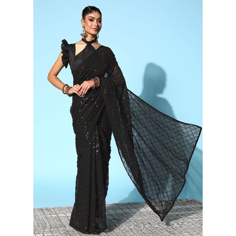 Black Georgette Saree With Blouse Piece - JD986589164