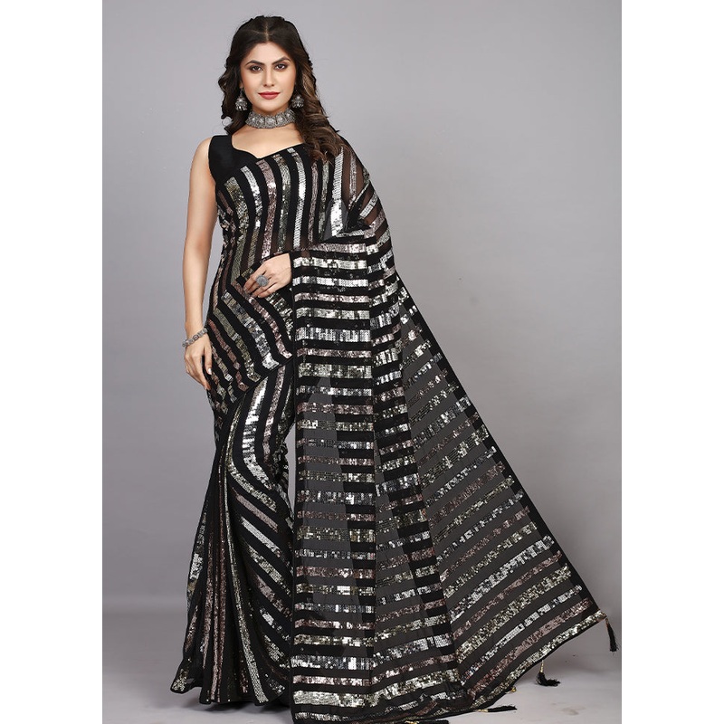 Black Georgette Saree With Blouse Piece - JD986589166