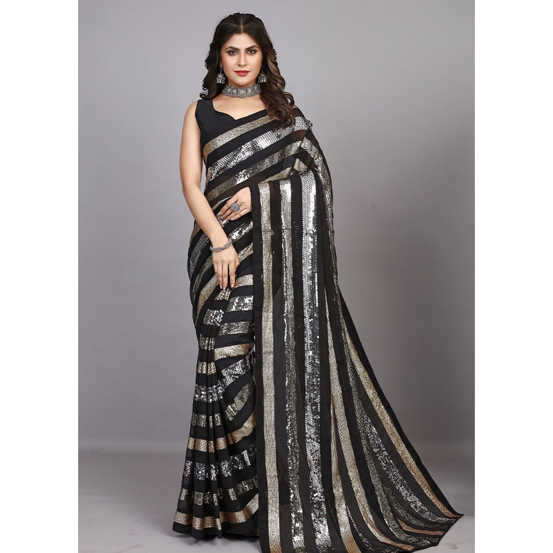 Black Georgette Saree With Blouse Piece - JD986589167