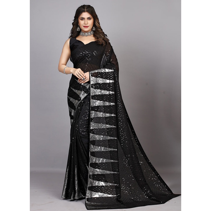 Black Georgette Saree With Blouse Piece - JD986589168
