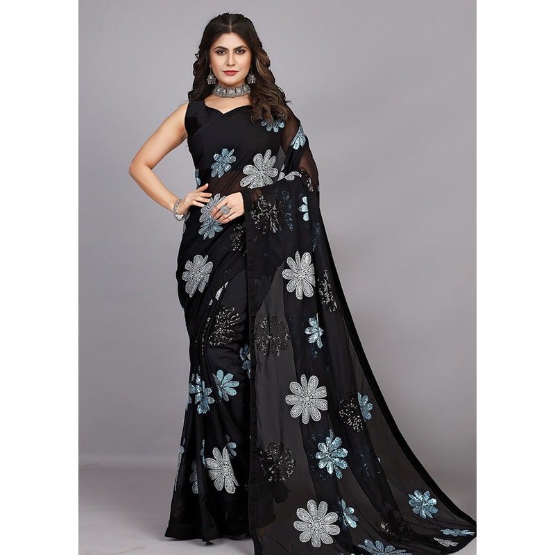 Black Georgette Saree With Blouse Piece - JD986589169