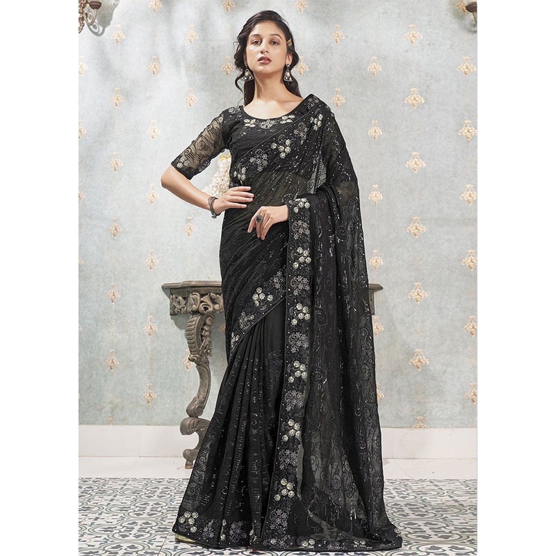 Black Georgette Saree With Blouse Piece - JD986589170