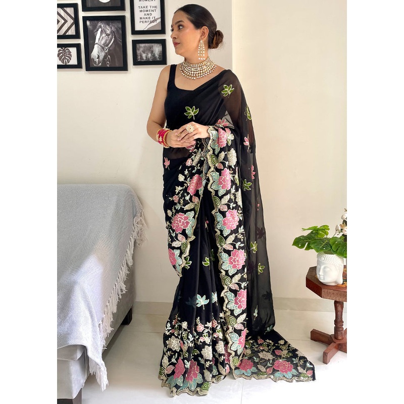 Black Georgette Saree With Blouse Piece - JD986589174