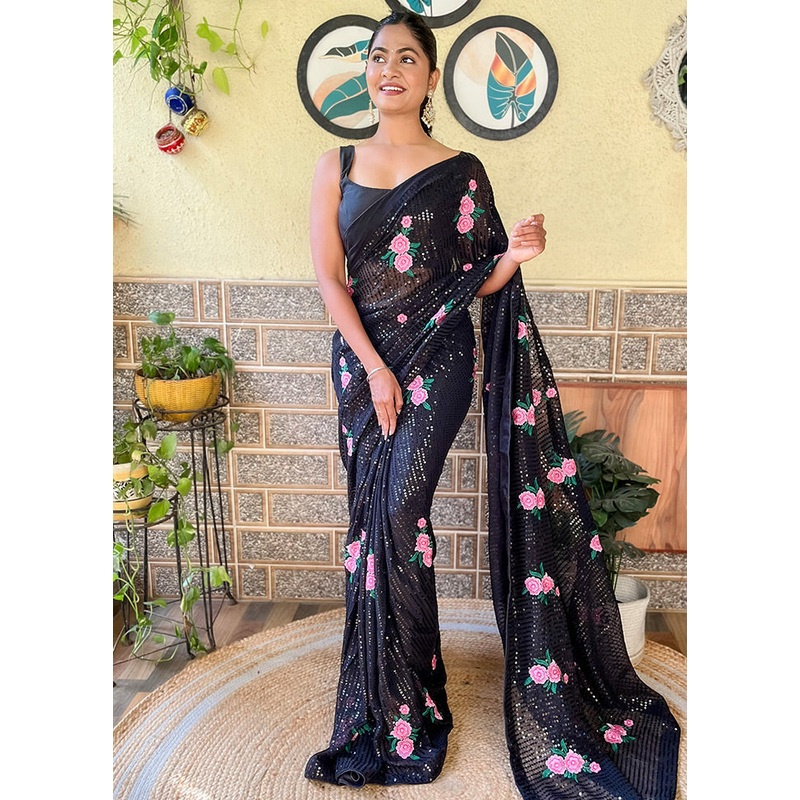 Black Georgette Saree With Blouse Piece - JD986589175