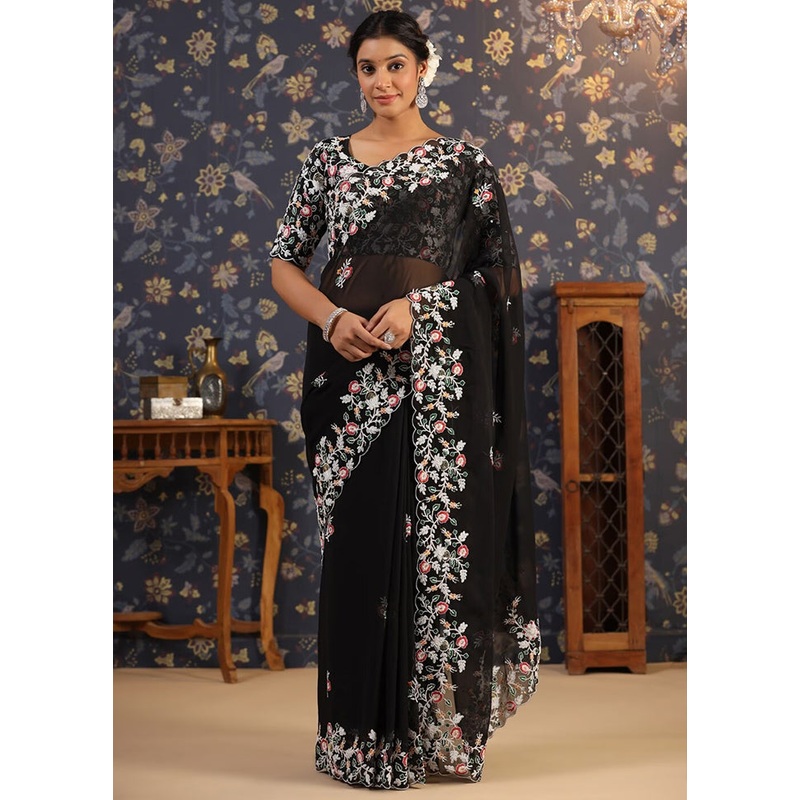 Black Georgette Saree With Blouse Piece - JD986589179
