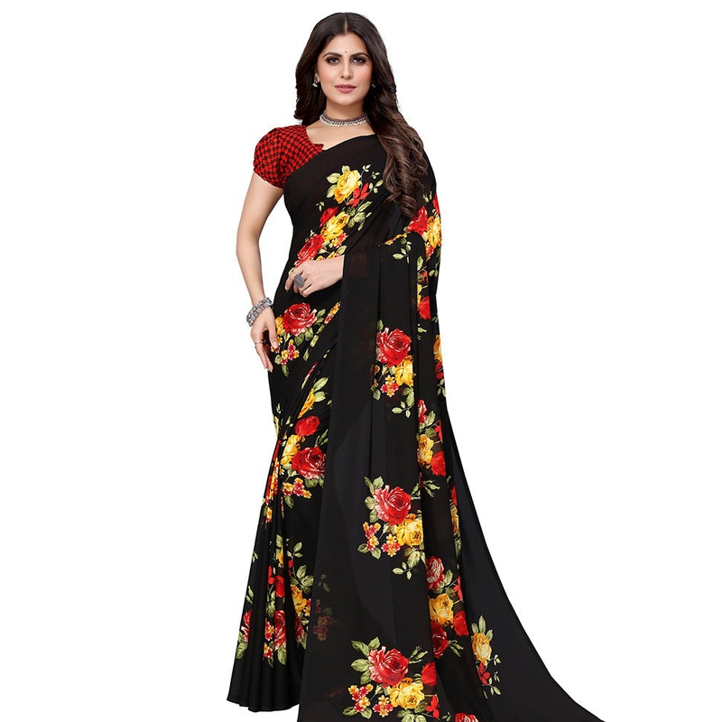 Black Georgette Saree With Blouse Piece - JD986589180
