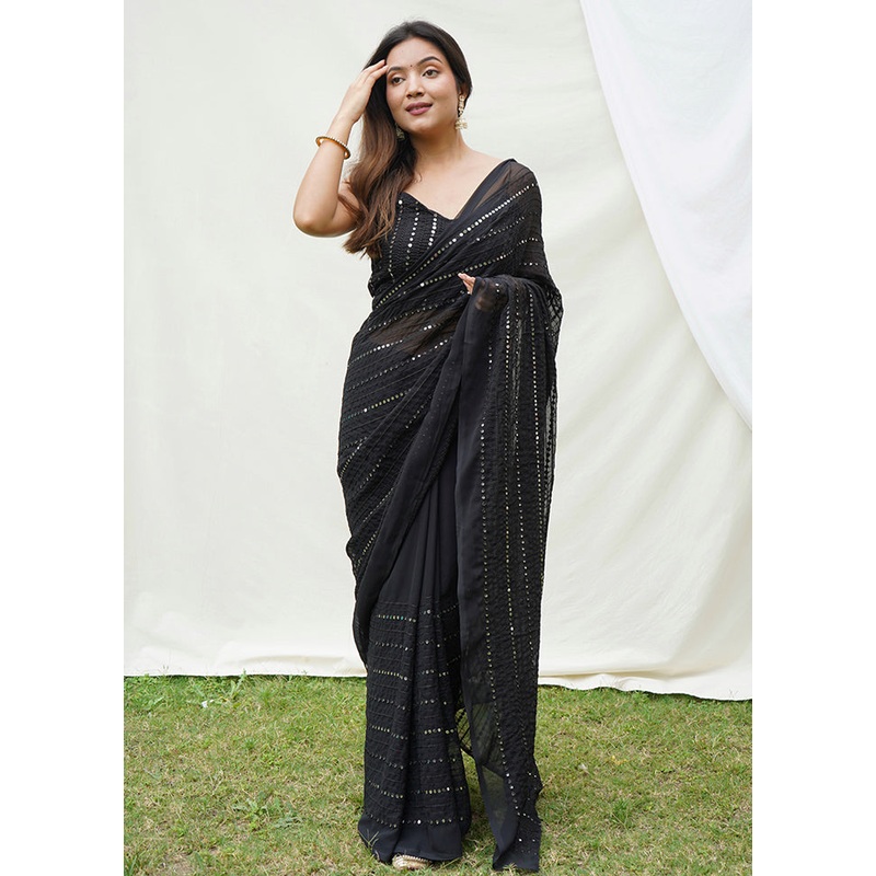 Black Georgette Saree With Blouse Piece - JD986589182