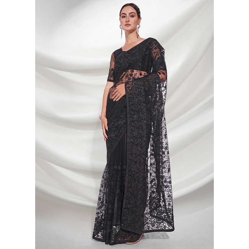 Black Net Saree With Blouse Piece - JD986589185