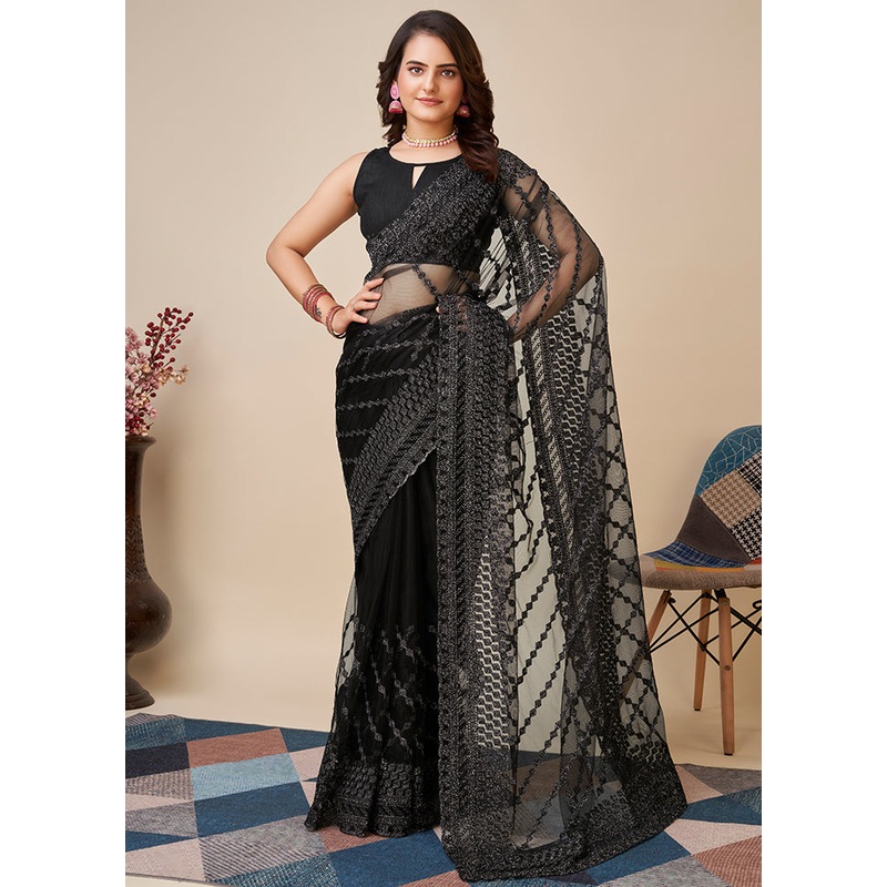 Black Net Saree With Blouse Piece - JD986589186