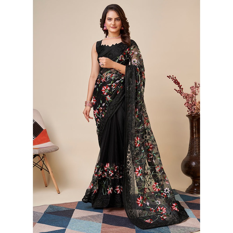Black Net Saree With Blouse Piece - JD986589187
