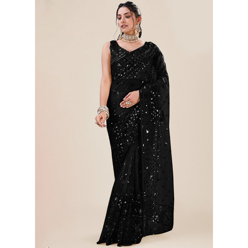 Black Organza Saree With Blouse Piece - JD986589189