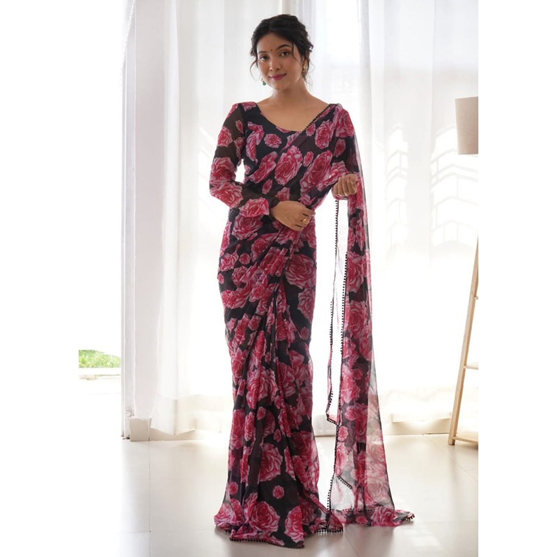 Black Organza Saree With Semi Stitched Blouse Piece - JD986589192