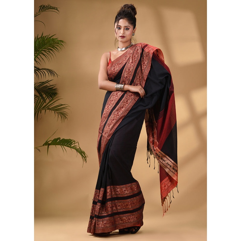 Black Pure Cotton Saree With Blouse Piece - JD986589193