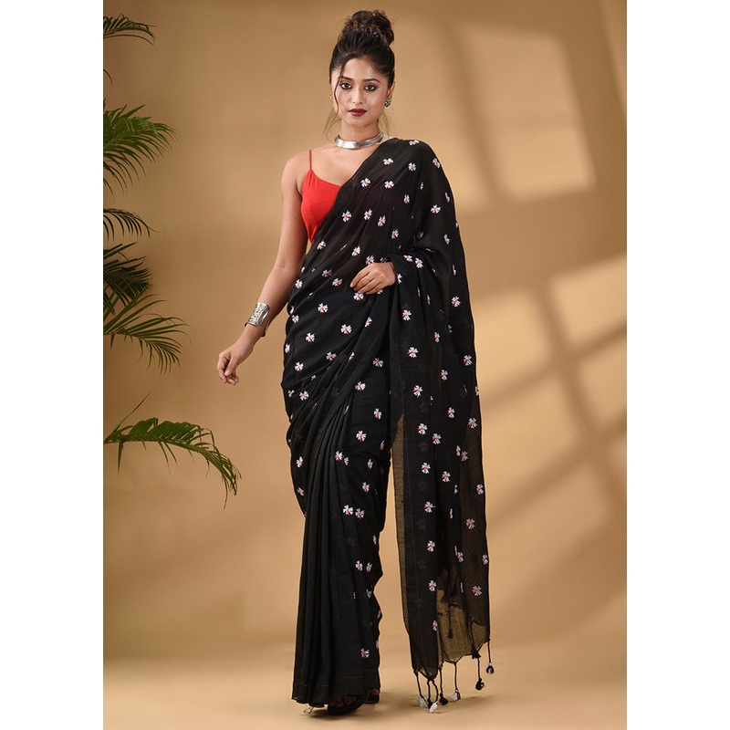 Black Pure Cotton Saree With Blouse Piece - JD986589194