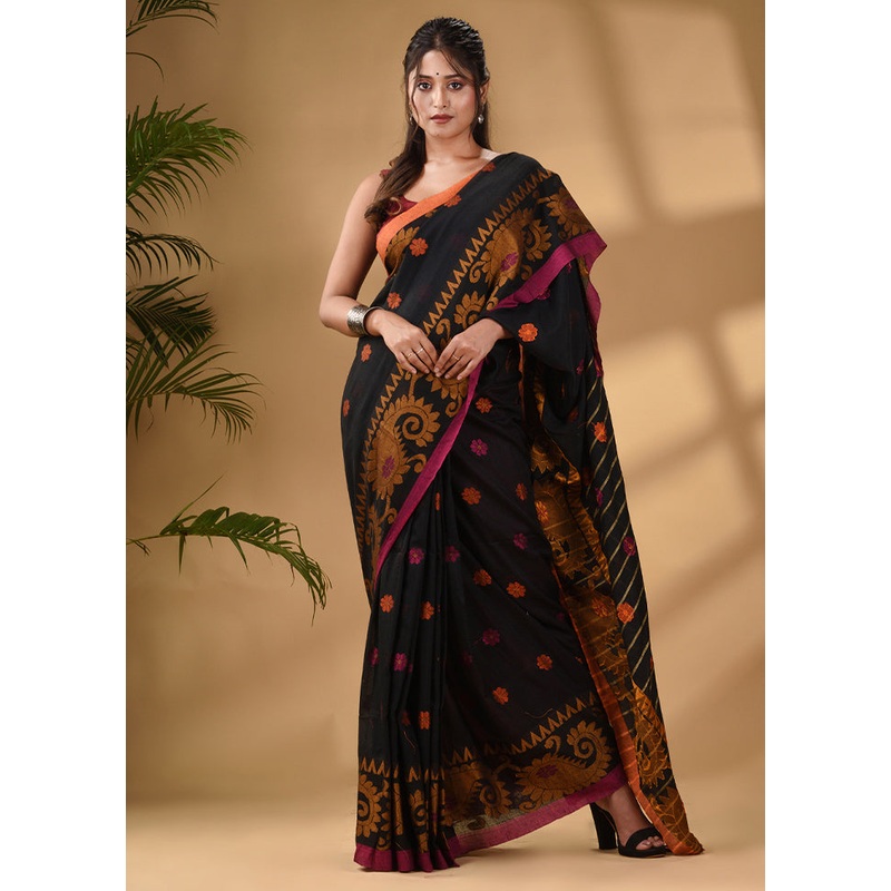 Black Pure Cotton Saree With Blouse Piece - JD986589195
