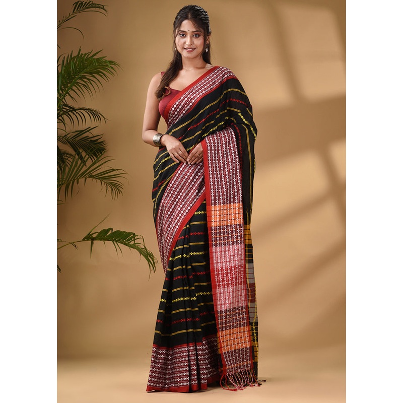 Black Pure Cotton Saree With Blouse Piece - JD986589196