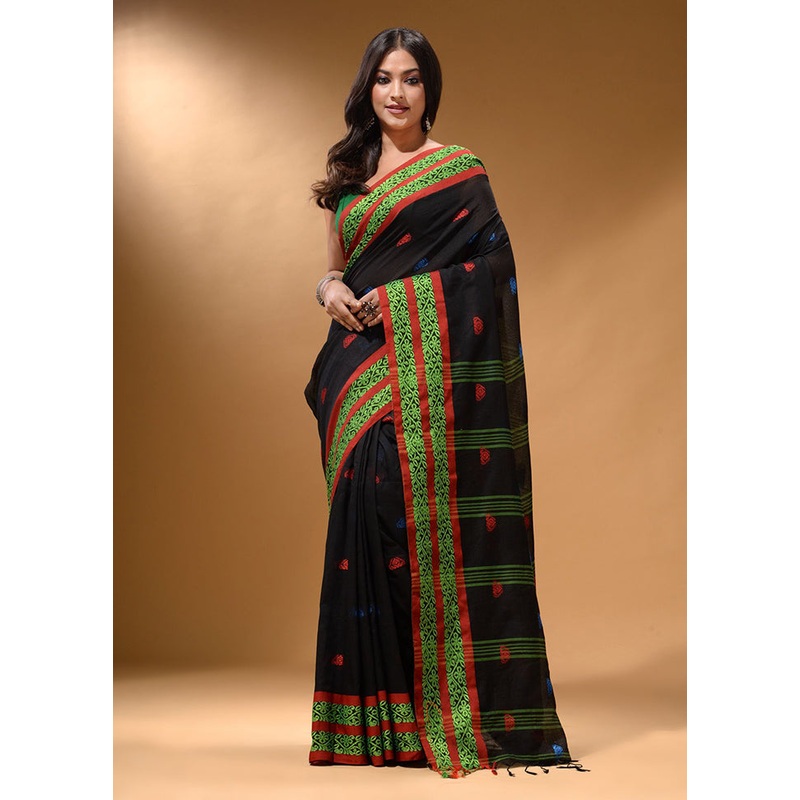 Black Pure Cotton Saree With Blouse Piece - JD986589197