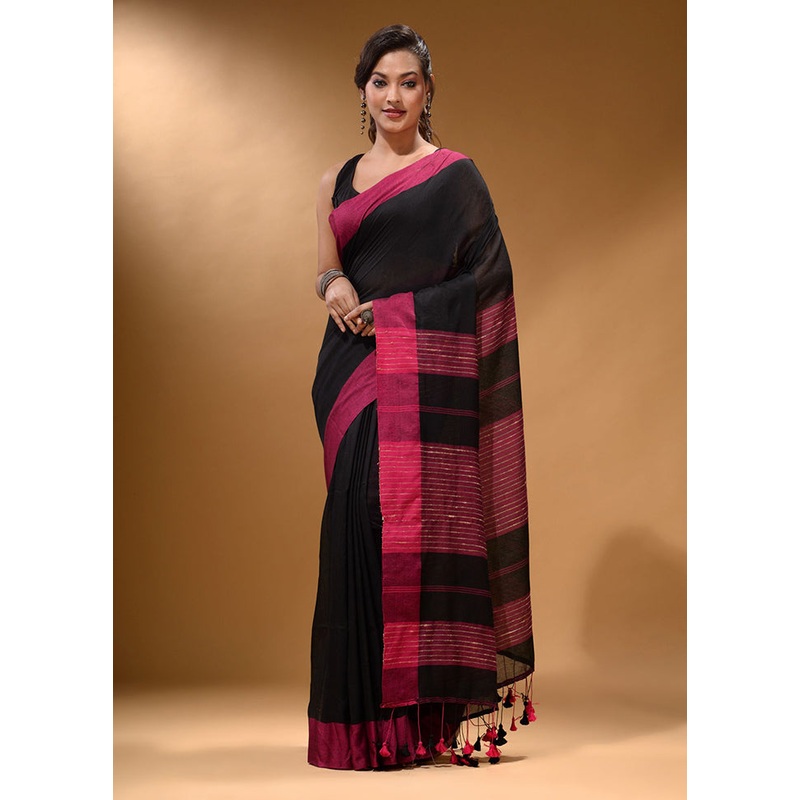 Black Pure Cotton Saree With Blouse Piece - JD986589198