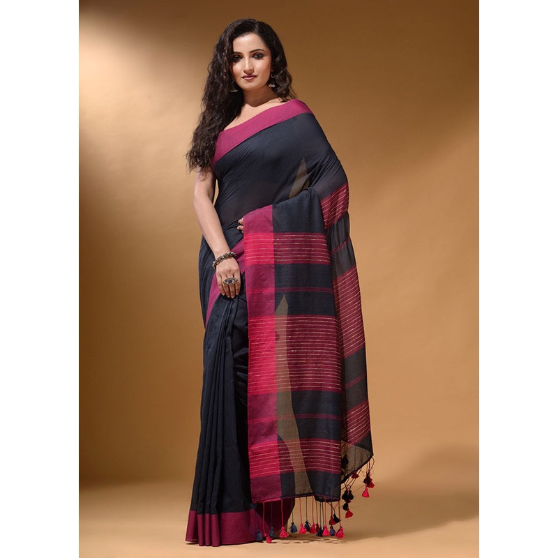 Black Pure Cotton Saree With Blouse Piece - JD986589199