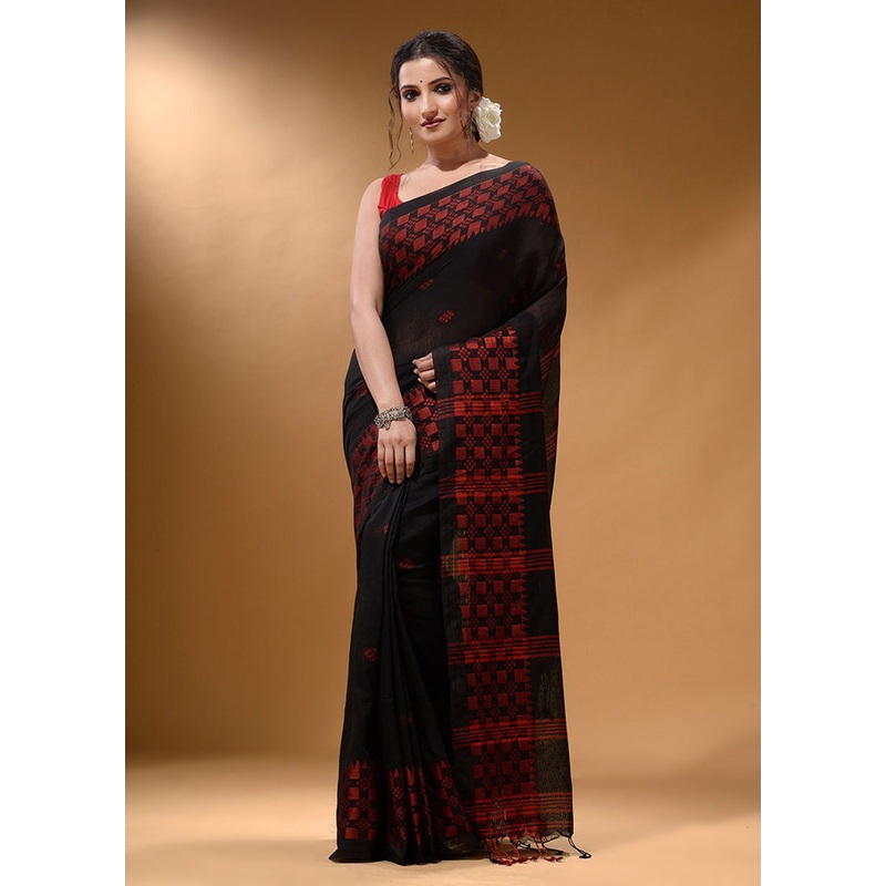 Black Pure Cotton Saree With Blouse Piece - JD986589200