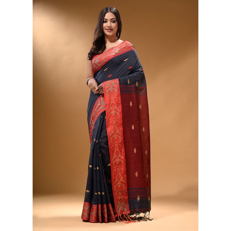 Black Pure Cotton Saree With Blouse Piece - JD986589201