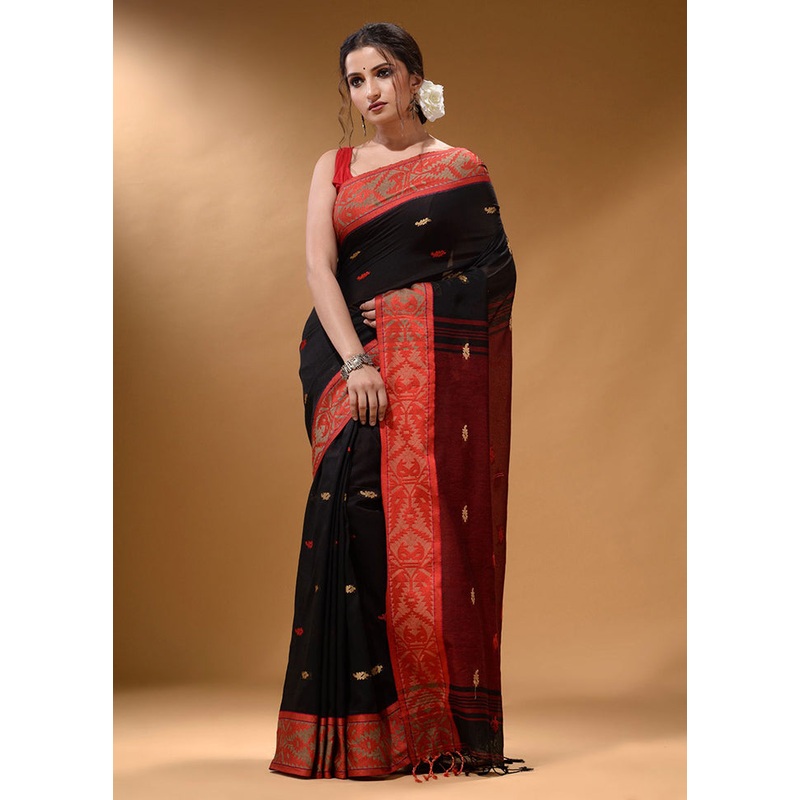 Black Pure Cotton Saree With Blouse Piece - JD986589202