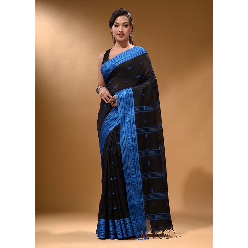 Black Pure Cotton Saree With Blouse Piece - JD986589203